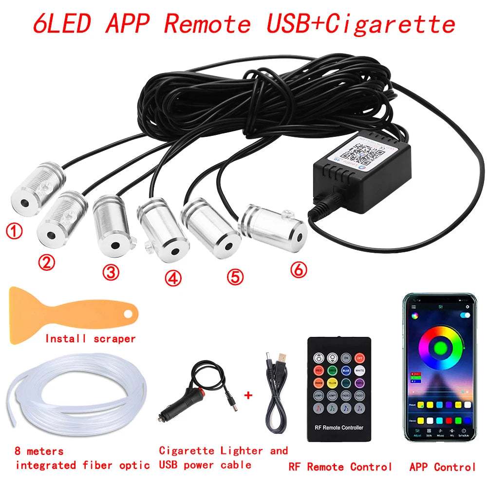 Neon Car LED Interior Ambient Lights 315 Inch Fiber Optic RGB Strip USB APP Remote Sound Control Auto Atmosphere Decorative Lamp