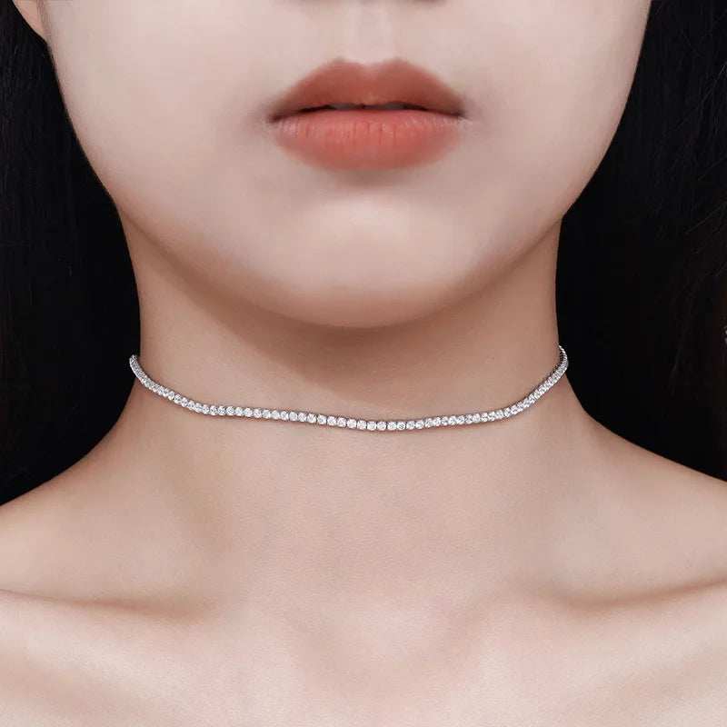 2mm Moissanite Tennis Necklace for Women S925 Silver Plated 18K Gold Sparking Rhinestone Choker Chain Wedding Jewelry Adjustable