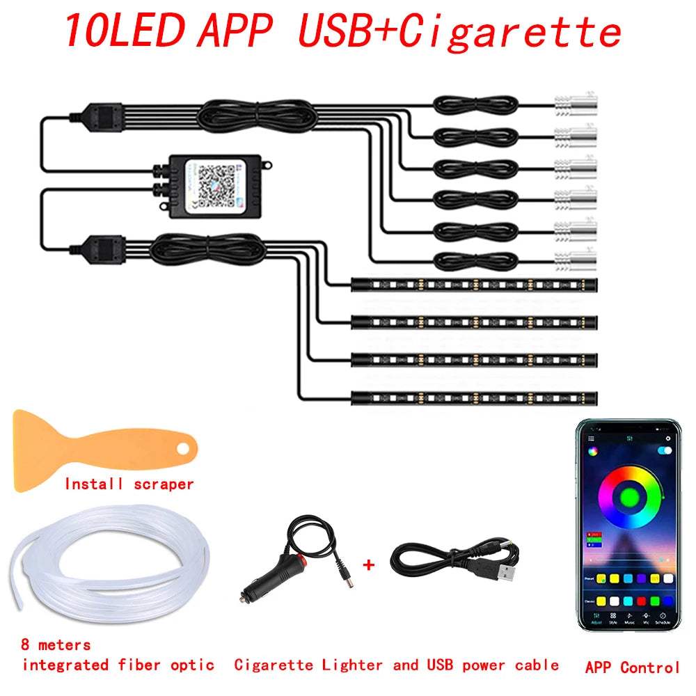 Neon Car LED Interior Ambient Lights 315 Inch Fiber Optic RGB Strip USB APP Remote Sound Control Auto Atmosphere Decorative Lamp