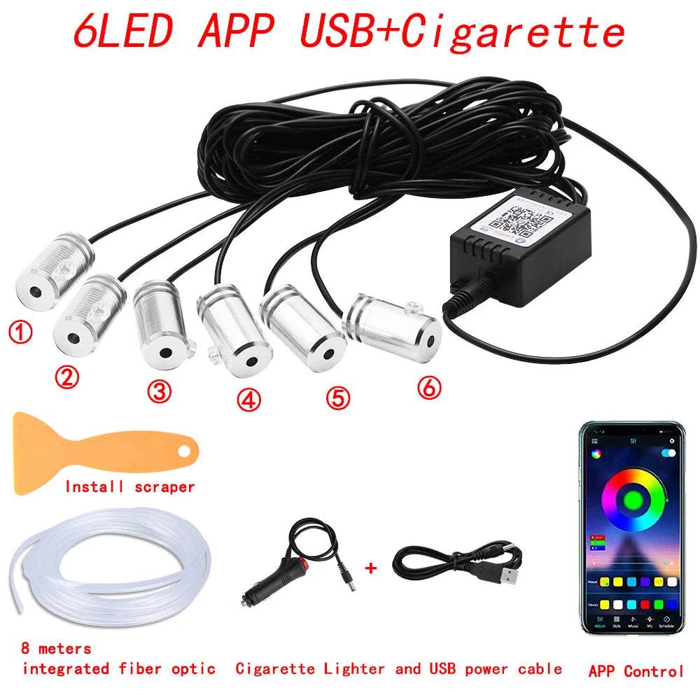 Neon Car LED Interior Ambient Lights 315 Inch Fiber Optic RGB Strip USB APP Remote Sound Control Auto Atmosphere Decorative Lamp
