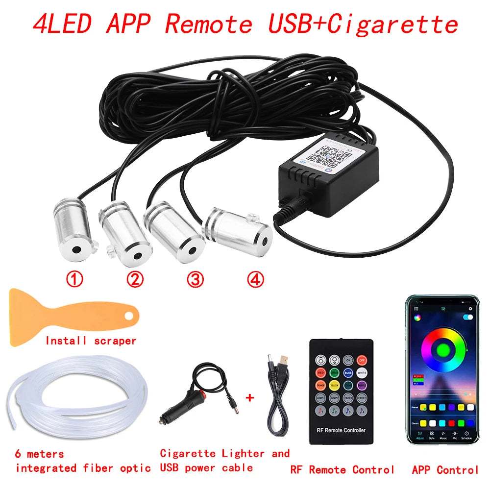 Neon Car LED Interior Ambient Lights 315 Inch Fiber Optic RGB Strip USB APP Remote Sound Control Auto Atmosphere Decorative Lamp