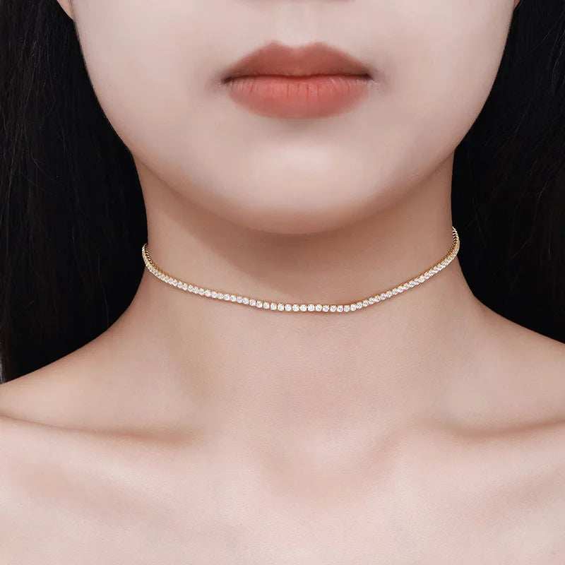 2mm Moissanite Tennis Necklace for Women S925 Silver Plated 18K Gold Sparking Rhinestone Choker Chain Wedding Jewelry Adjustable