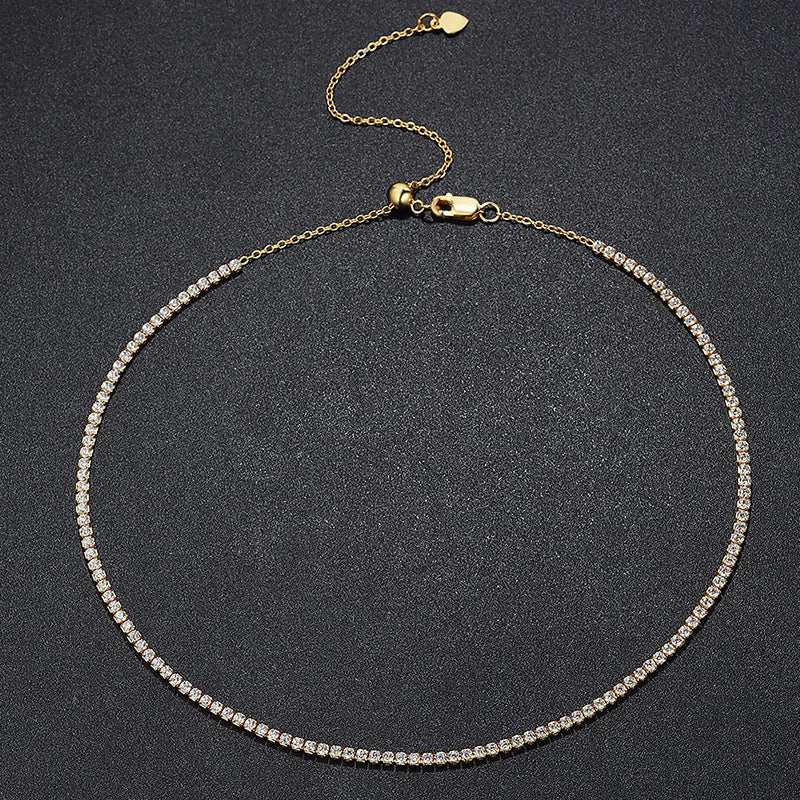 2mm Moissanite Tennis Necklace for Women S925 Silver Plated 18K Gold Sparking Rhinestone Choker Chain Wedding Jewelry Adjustable